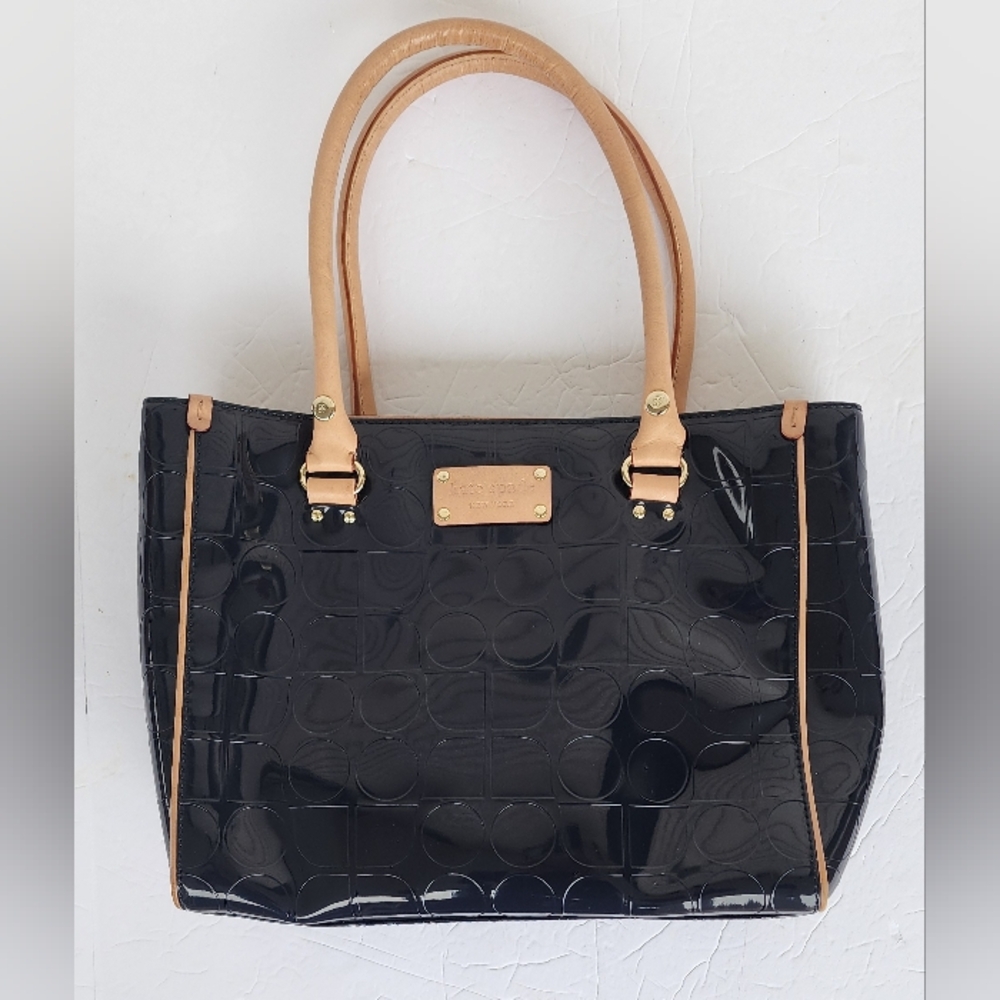 Kate Spade Navy Patent Leather Tote Bag With Tan Piping - Green Interior!